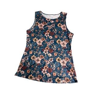 Women’s Blue Floral Sleeveless Tank Shirt Medium Stretch Undershirt